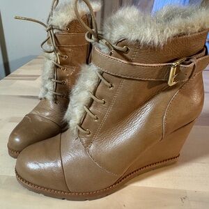 Kate Spade Women's Tan Wedge Booties with Faux Fur W9.5